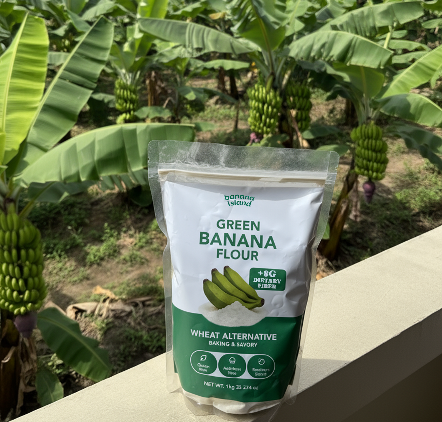 Package of green banana flour with a banana plantation in the background